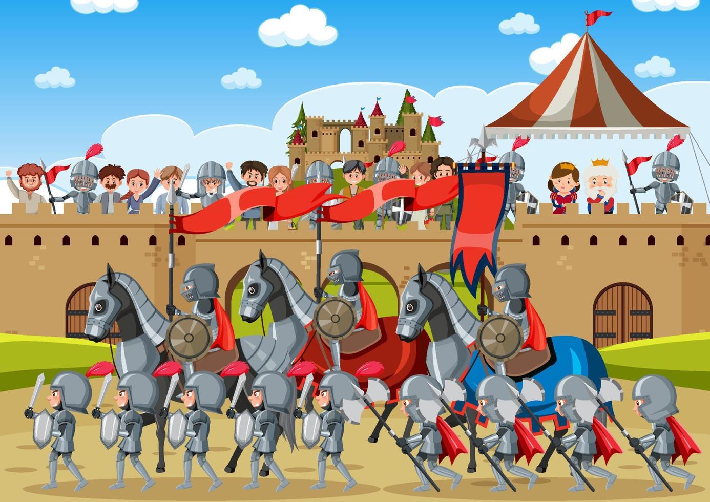 Outdoor scene with medieval knights with villagers vector