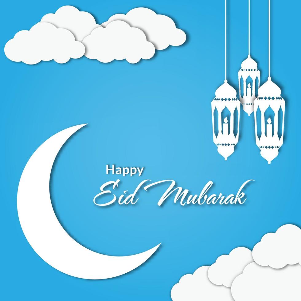 Paper art of crescent moon and lantern with sky blue background clouds. paper cut and craft styles. vector, illustration vector