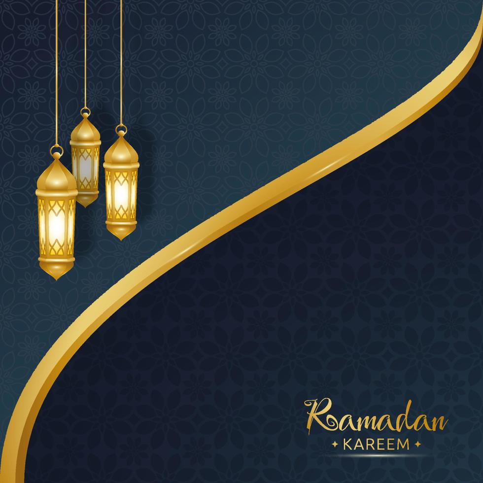 Dome of the mosque gold line design Ramadan Kareem greetings with hanging lanterns and ornament pattern vector