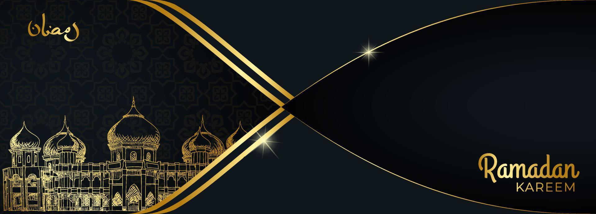 ilustración de fondo de la bandera islámica de ramadán. color oscuro y dorado con boceto de mezquita. vector