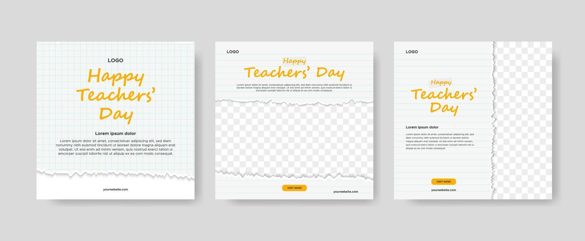 Collection of white international teacher's day social media posts with torn paper designs that can be filled with photos vector