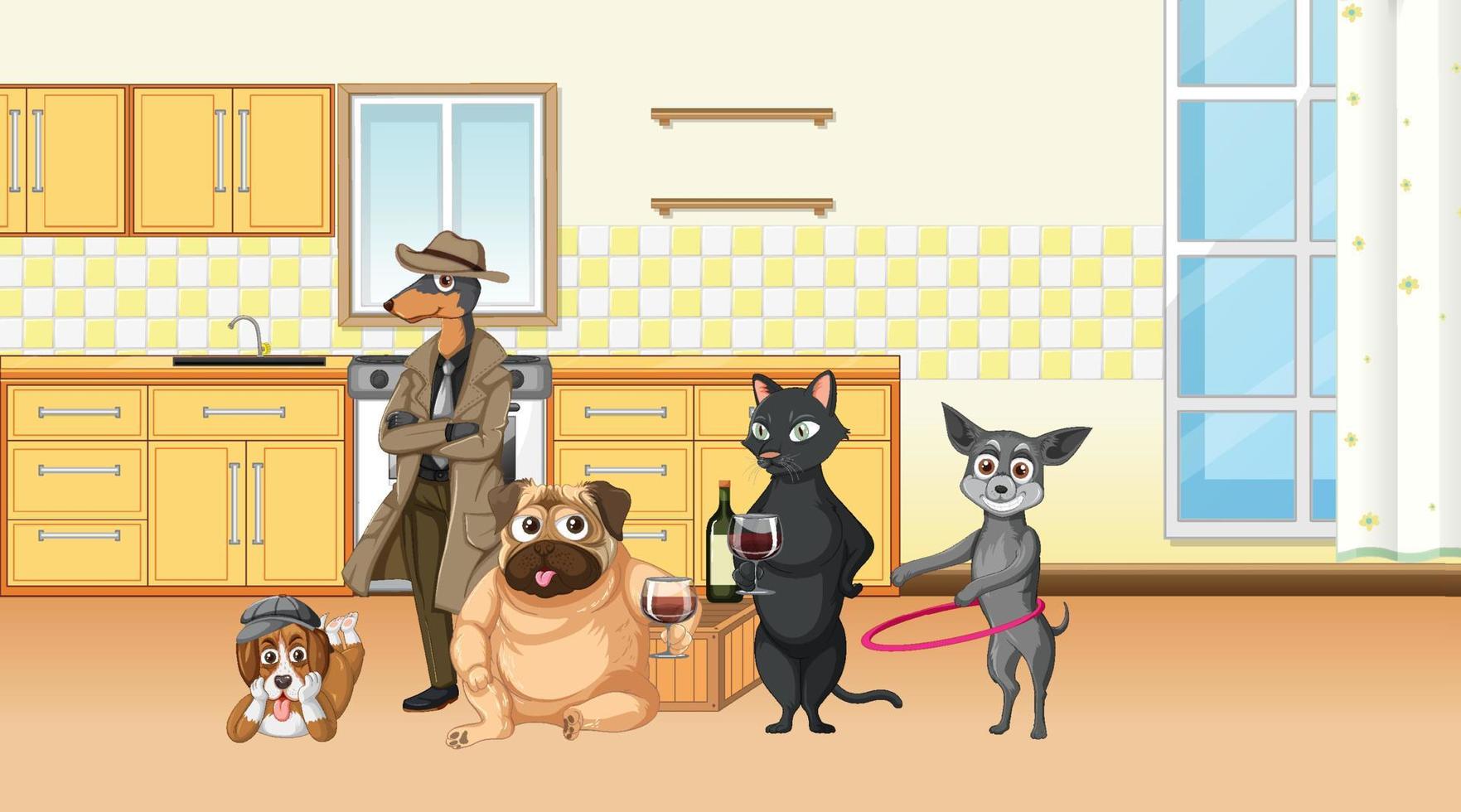 Set of different domestic animals in kitchen vector