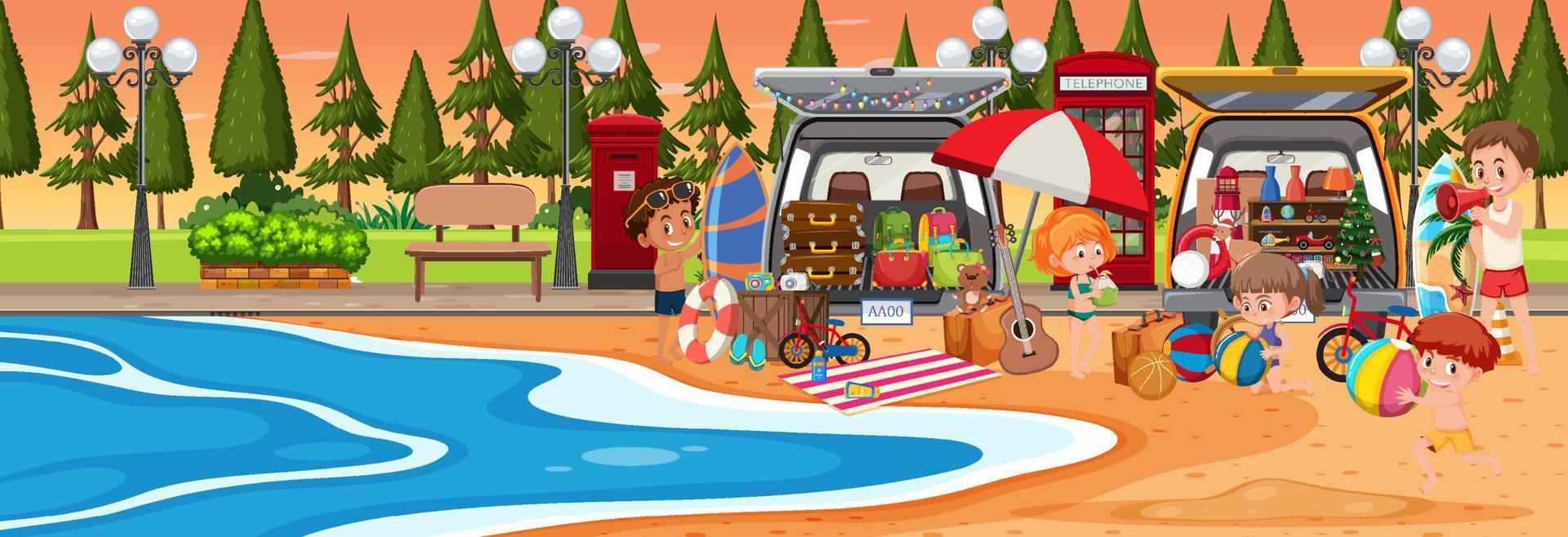 Summer beach outdoor scene with car boot sale vector