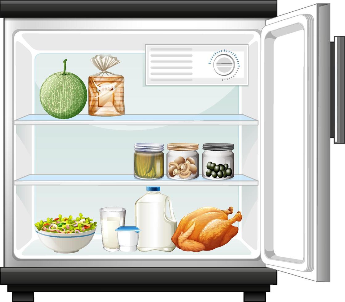 Opened refrigerator with food inside vector