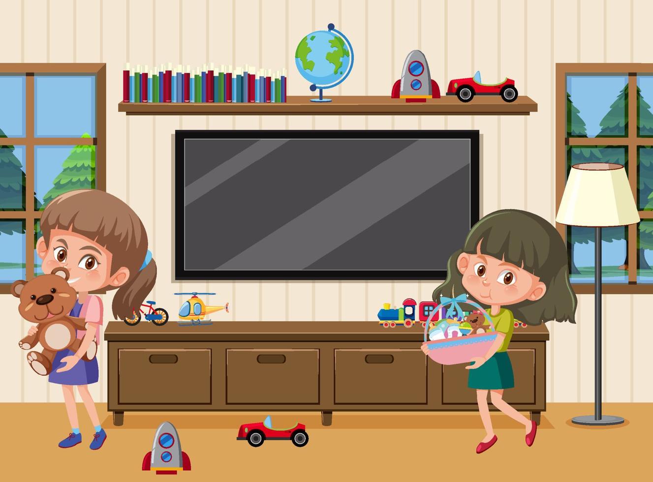 Living room scene with children cartoon character vector