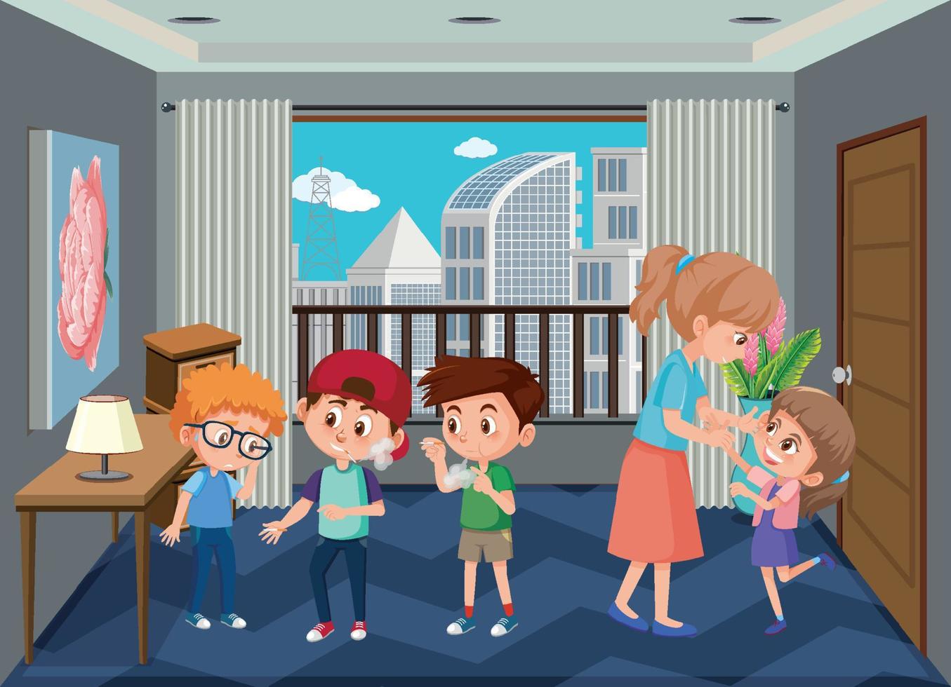 Living room scene with family members in cartoon style vector