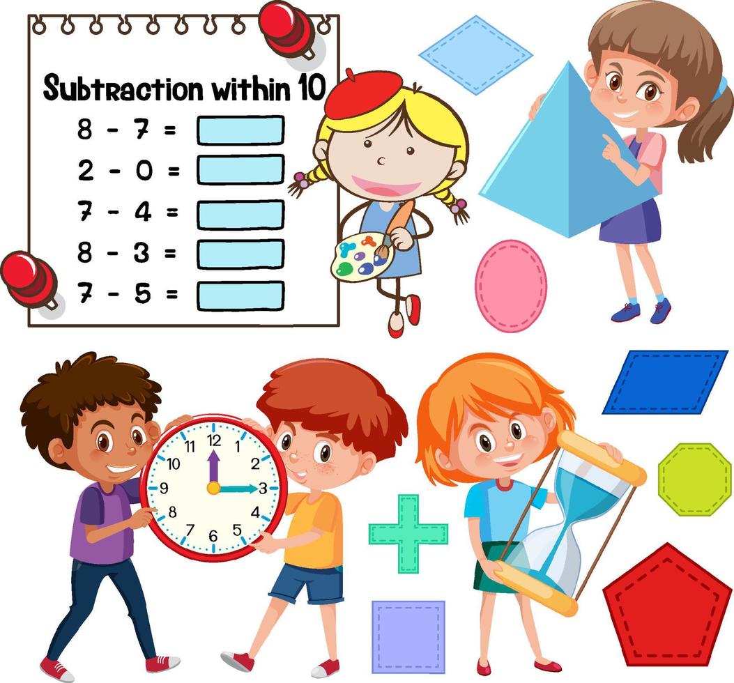 Math classroom objects with supplies and students vector