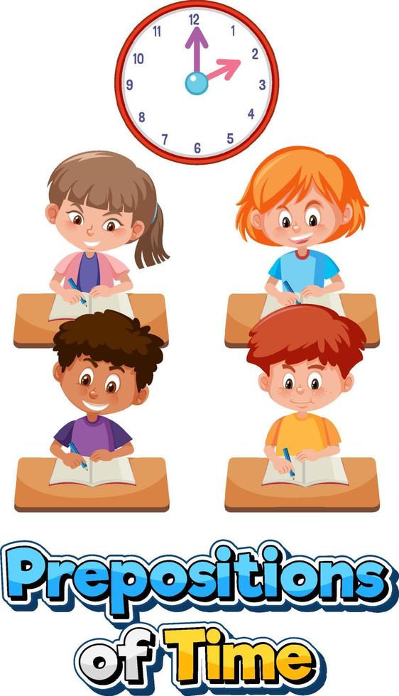 diseño de wordcard de preposición con tiempo de aprendizaje para niños vector