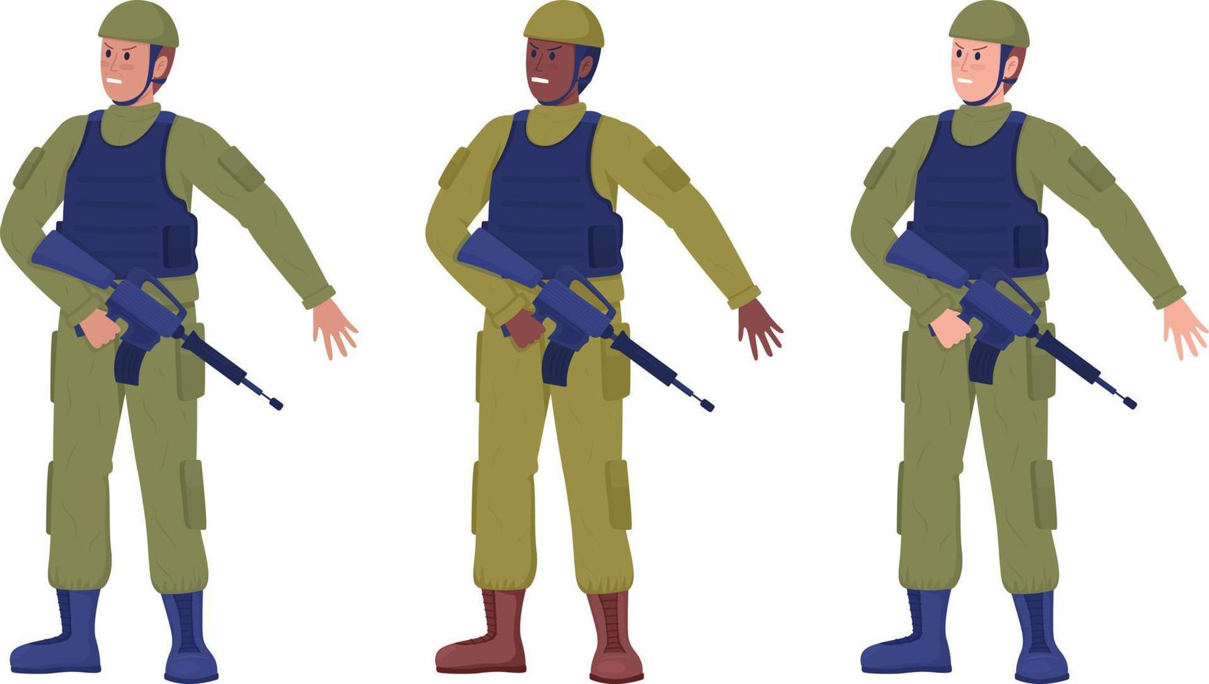 Soldiers in military uniform semi flat color vector characters set