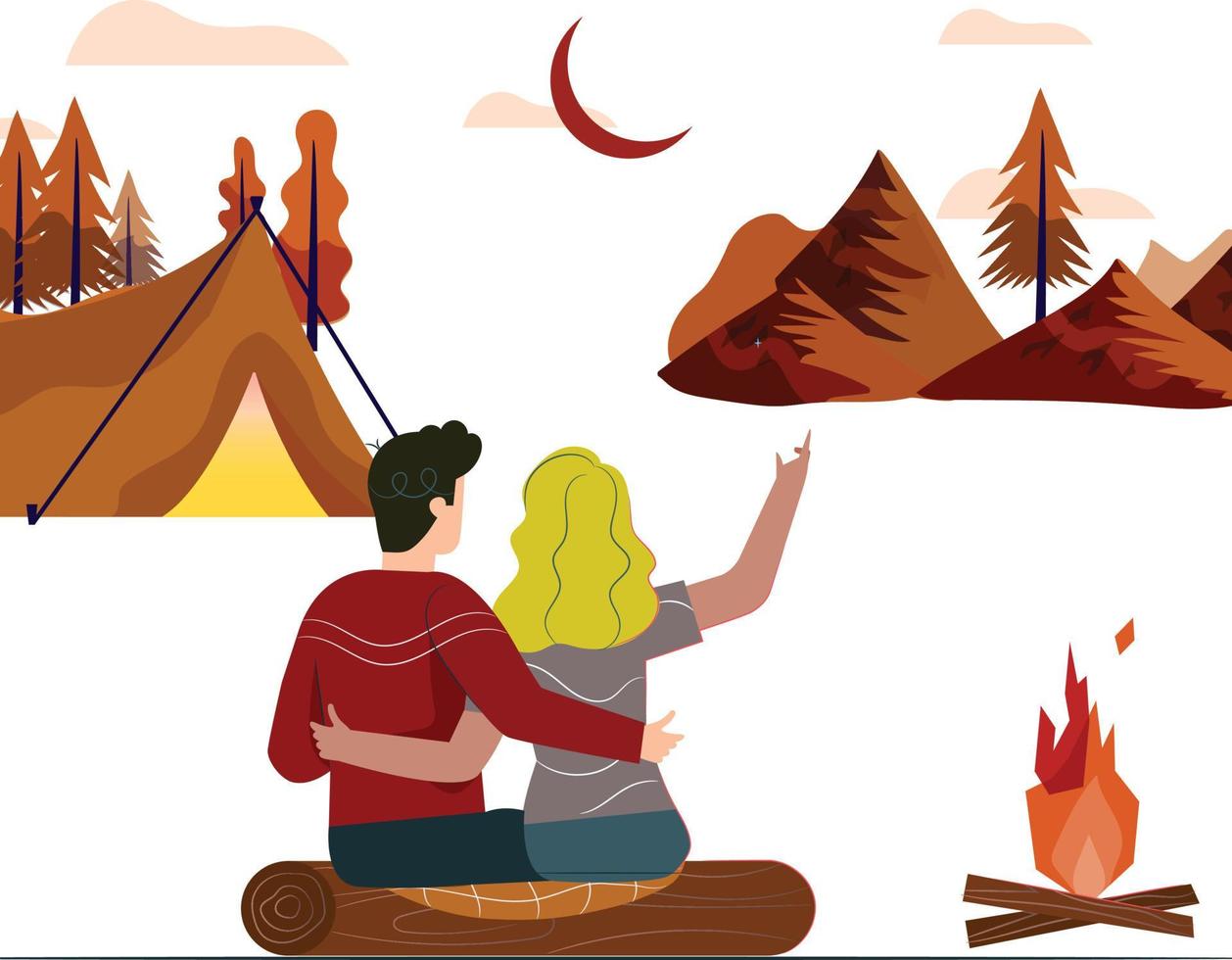 The couple is on camping and enjoying the evening with bonfire. vector