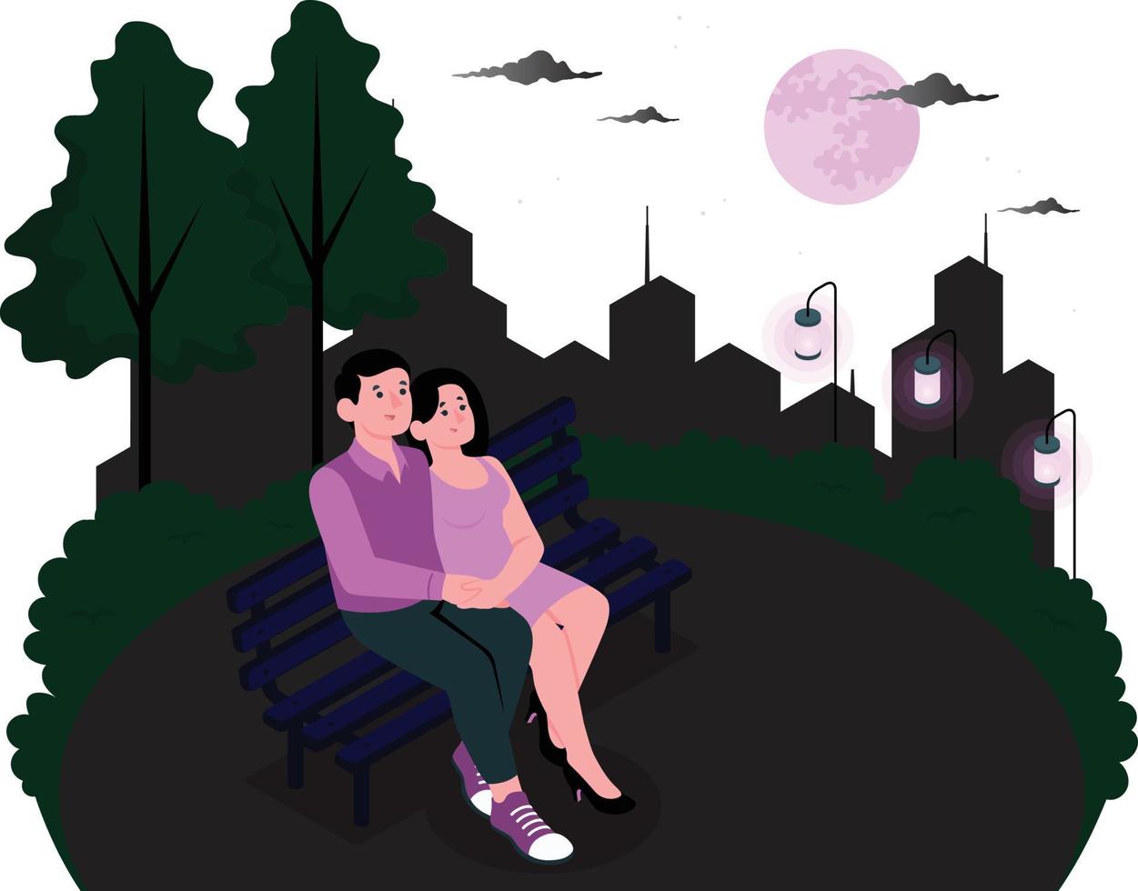 The couple is sitting on bench in a park to refresh their memories. vector