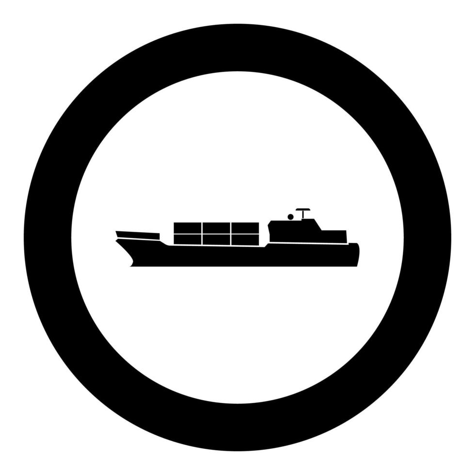 icono de barco mercante color negro en círculo vector