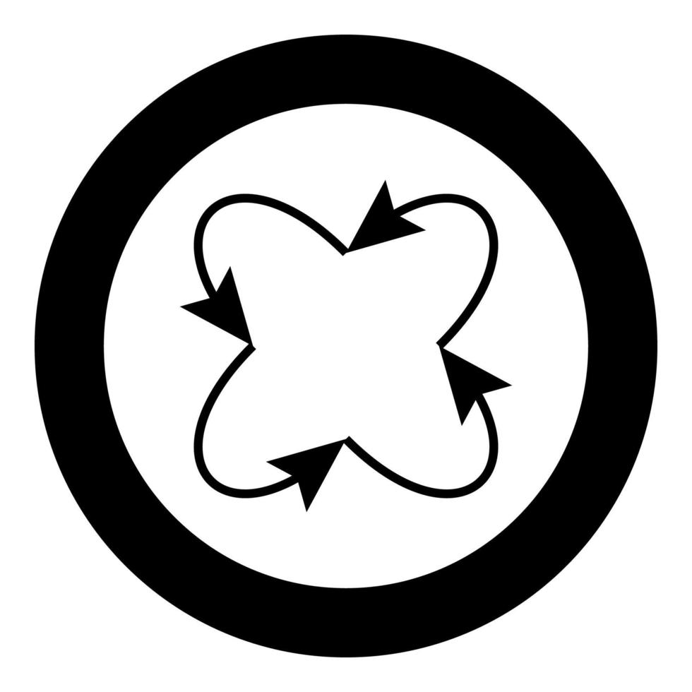 cuatro flechas en bucle dentro y desde el centro icono negro en círculo vector