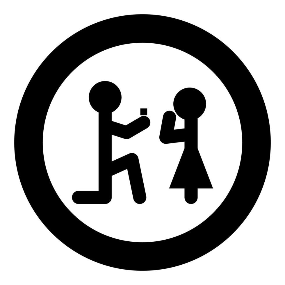 el hombre hace una oferta icono de palo de mujer en ilustración de vector de color negro redondo