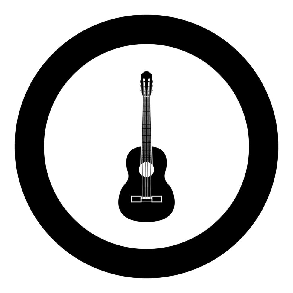 icono negro de guitarra en la ilustración de vector de círculo aislado.