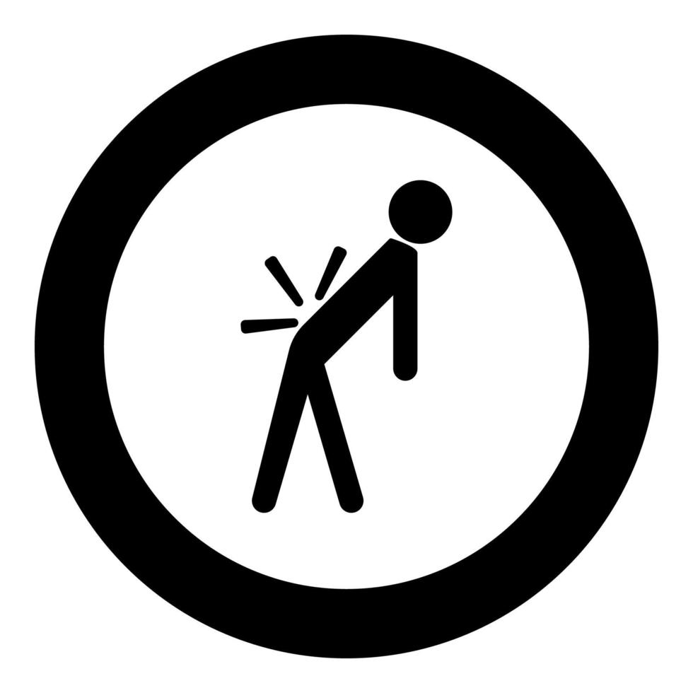 Man a with sick back . Backache black icon in circle vector