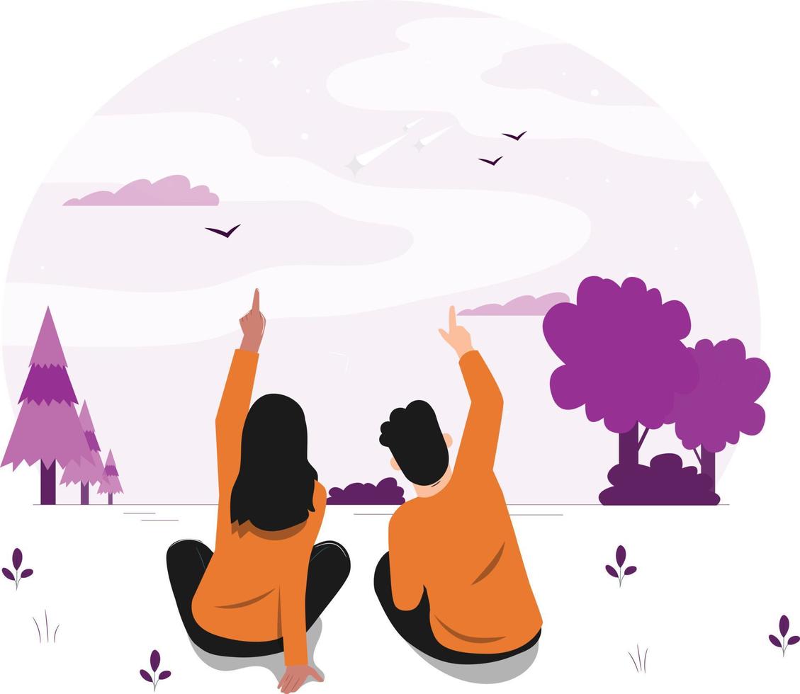 The couple is sitting and look up to the sky. vector