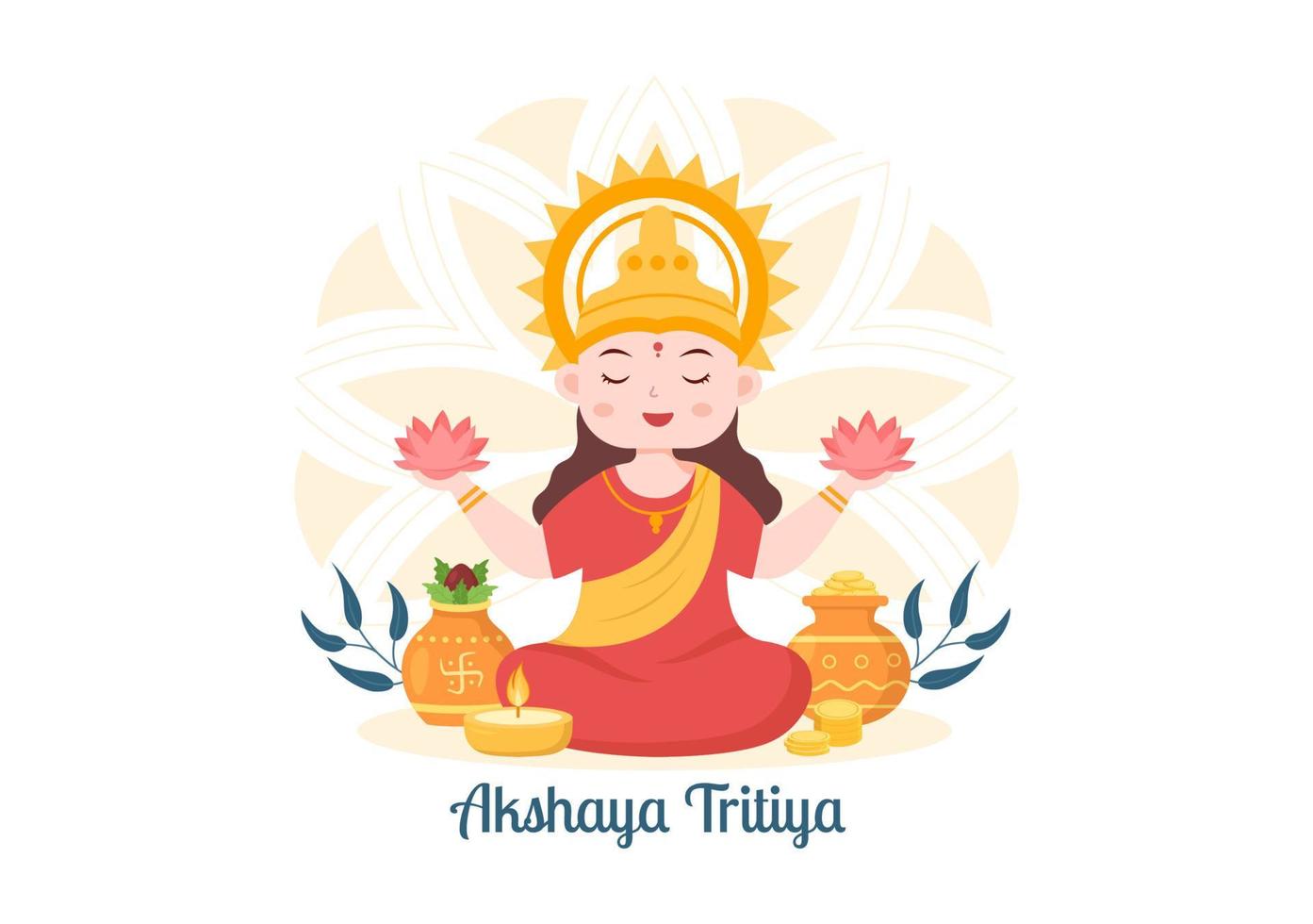 festival akshaya tritiya con kalash dorado, olla y monedas de oro para la celebración de dhanteras con maa lakshmi en indio en la ilustración de plantilla de fondo decorada vector