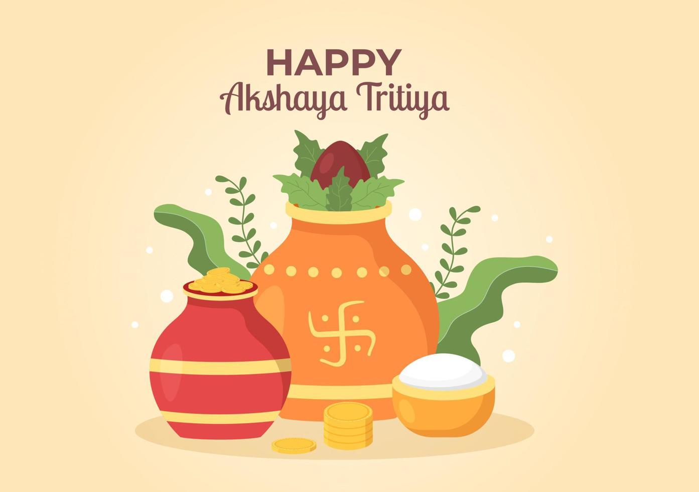 festival akshaya tritiya con un kalash dorado, olla y monedas de oro para la celebración de dhanteras en indio en la ilustración de plantilla de fondo decorada vector