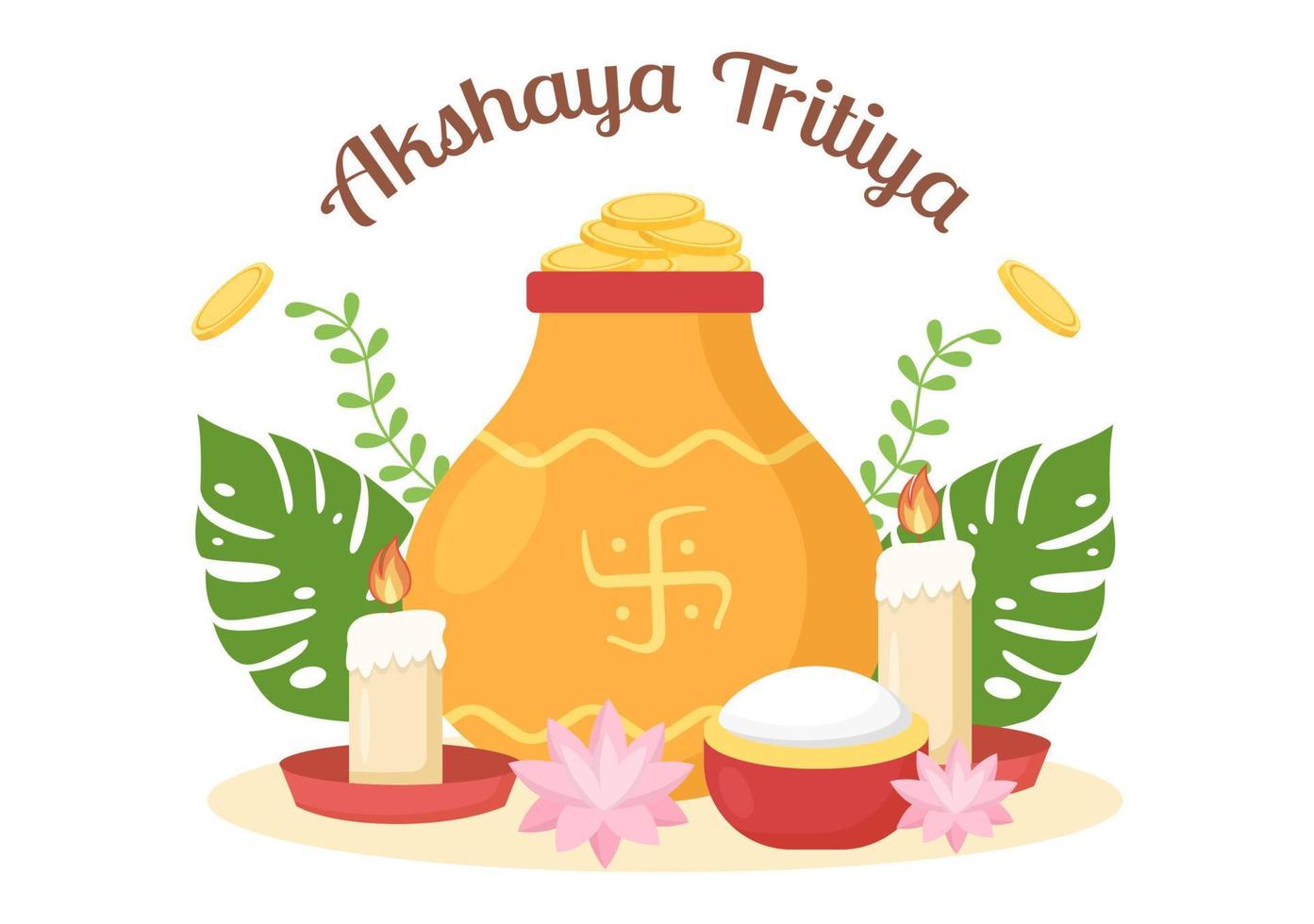 festival akshaya tritiya con un kalash dorado, olla y monedas de oro para la celebración de dhanteras en indio en la ilustración de plantilla de fondo decorada vector