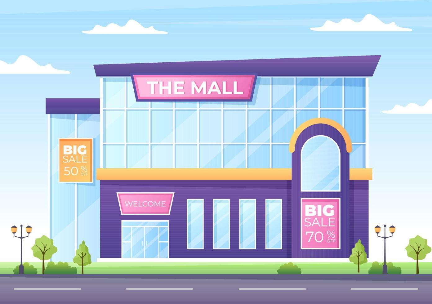 ilustración de fondo de edificio de centro comercial moderno con exterior y varias tiendas dentro en diseño de estilo plano vector