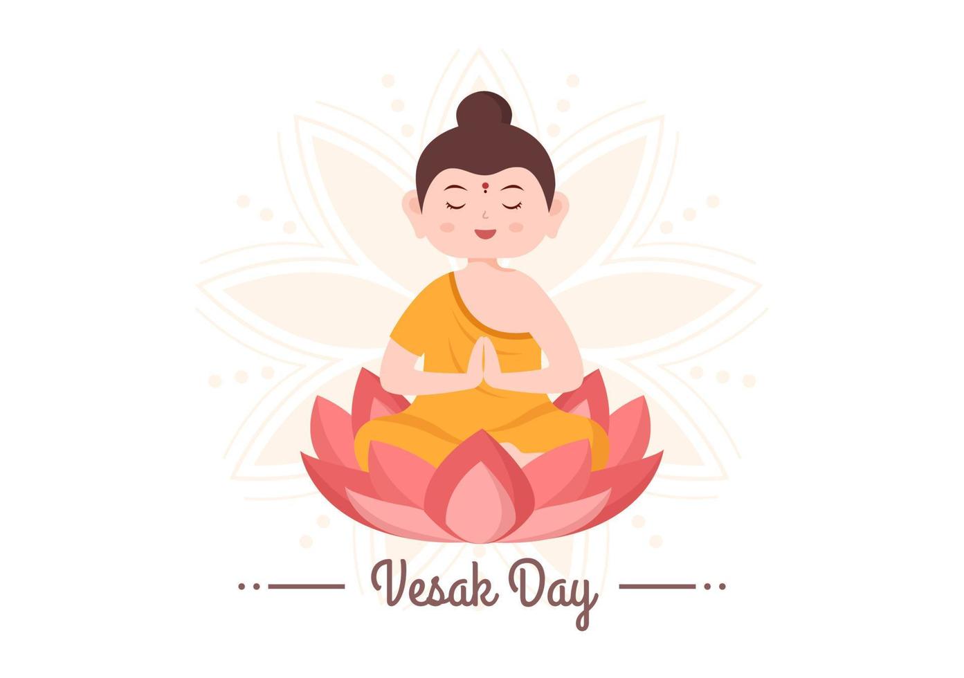 celebración del día de vesak con silueta de templo, decoración de flores de loto, linterna o persona de buda en ilustración de fondo de caricatura plana para tarjeta de felicitación vector