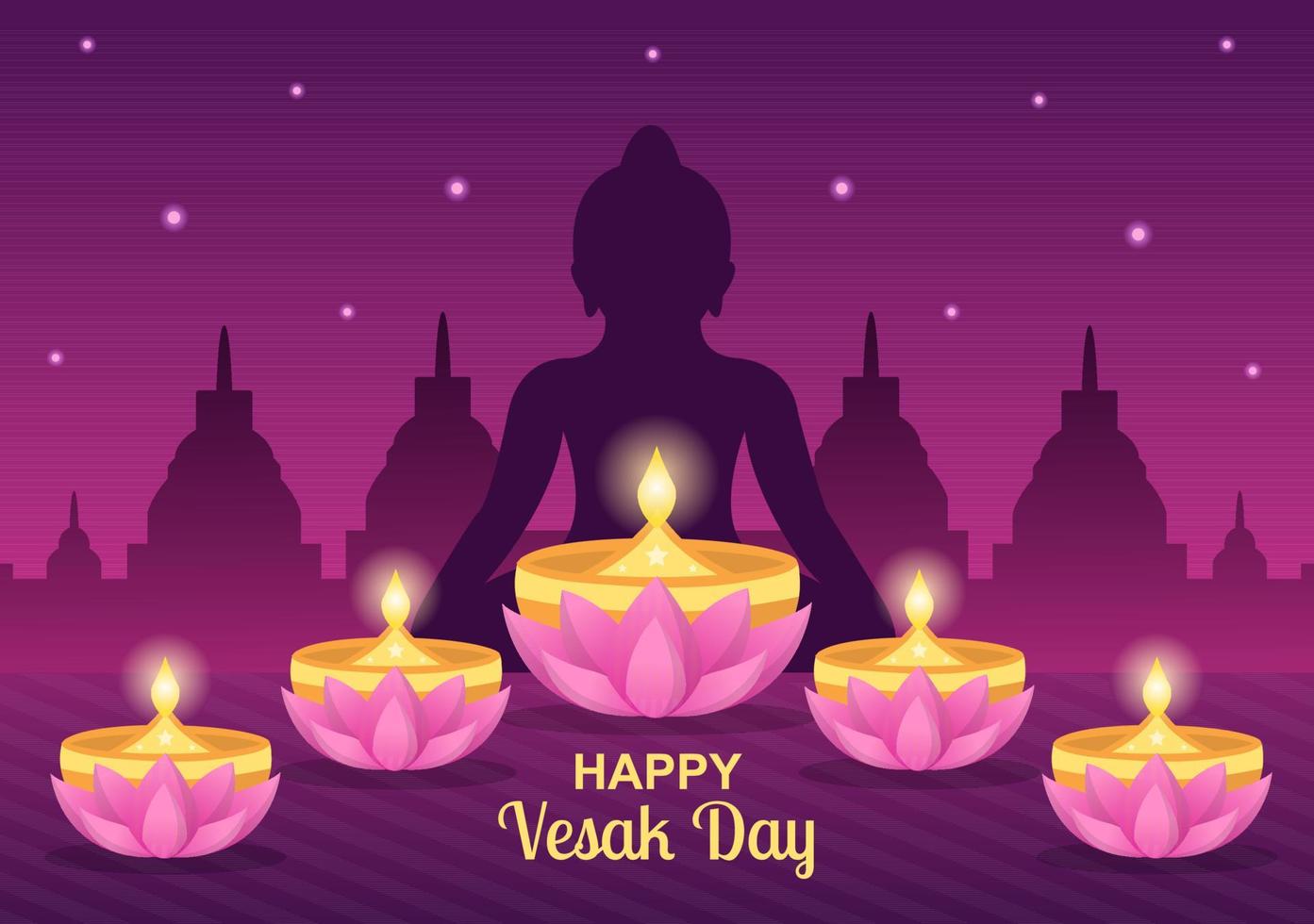 celebración del día de vesak con silueta de templo, decoración de flores de loto, linterna o persona de buda en ilustración de fondo de caricatura plana para tarjeta de felicitación vector