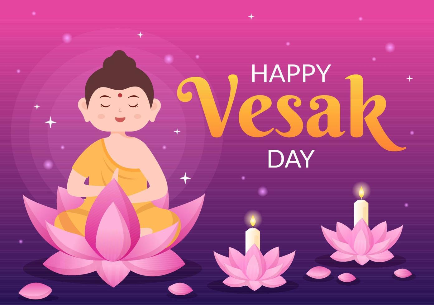 Vesak Day Celebration with Temple Silhouette, Lotus Flower Decoration, Lantern or Buddha Person in Flat Cartoon Background Illustration for Greeting Card vector