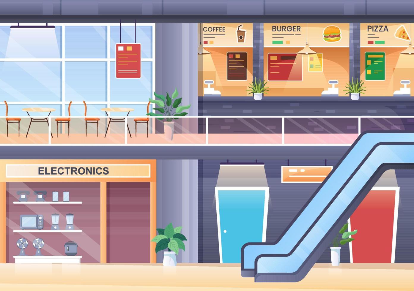 ilustración de fondo moderna del centro comercial con interiores, escaleras mecánicas y varias tiendas minoristas en un diseño de estilo plano vector