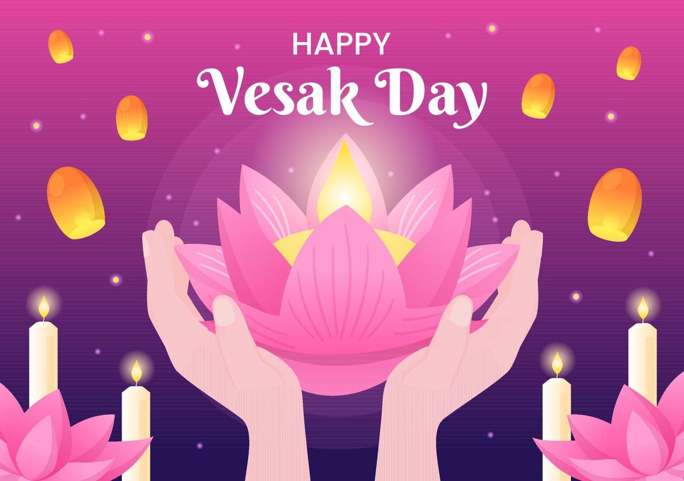 Vesak Day Celebration with Temple Silhouette, Lantern or Lotus Flower Decoration  in Flat Cartoon Background Illustration for Greeting Card or Poster vector