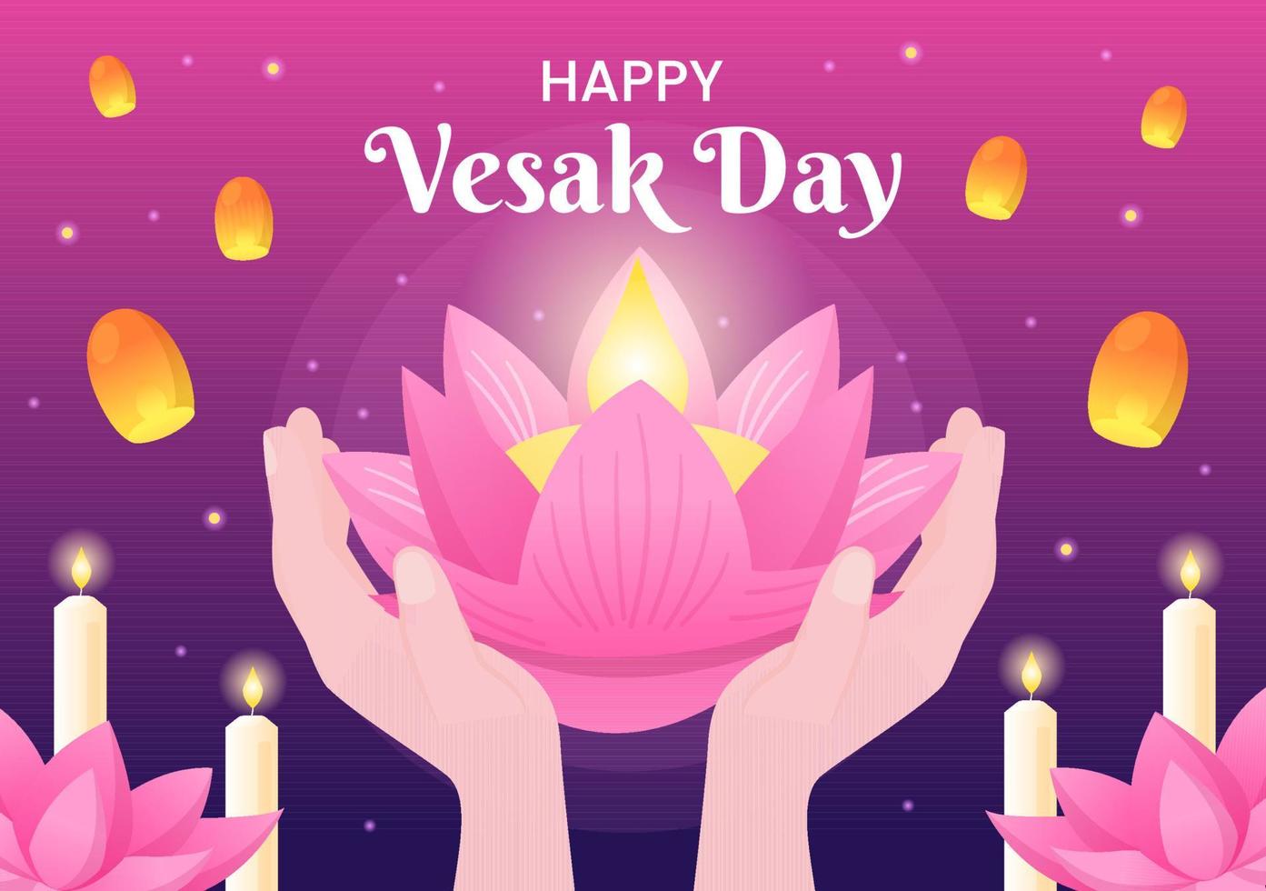 celebración del día de vesak con silueta de templo, linterna o decoración de flores de loto en ilustración de fondo de caricatura plana para tarjeta de felicitación o afiche vector