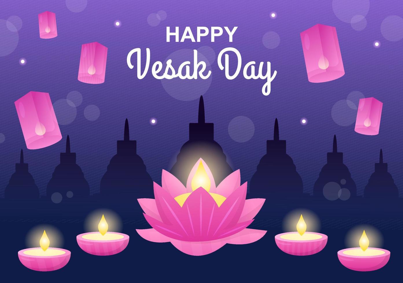 celebración del día de vesak con silueta de templo, linterna o decoración de flores de loto en ilustración de fondo de caricatura plana para tarjeta de felicitación o afiche vector