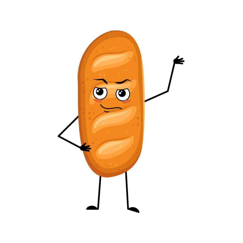 Cute loaf of bread character with emotions of hero, brave face, arms and leg. Baking person, homemade pastry with courage expression. Vector flat illustration