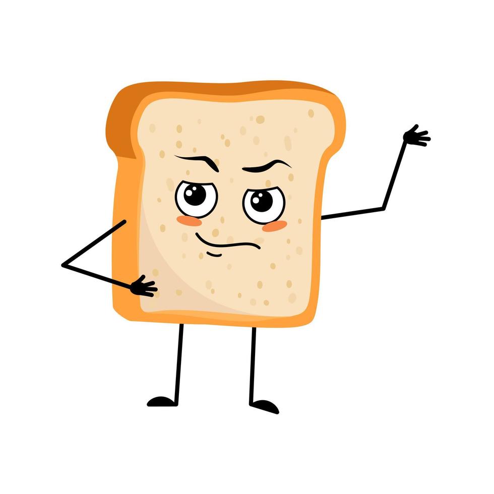 Cute bread character with emotions of hero, brave face, arms and leg. Baking person, homemade pastry with courage expression. Vector flat illustration