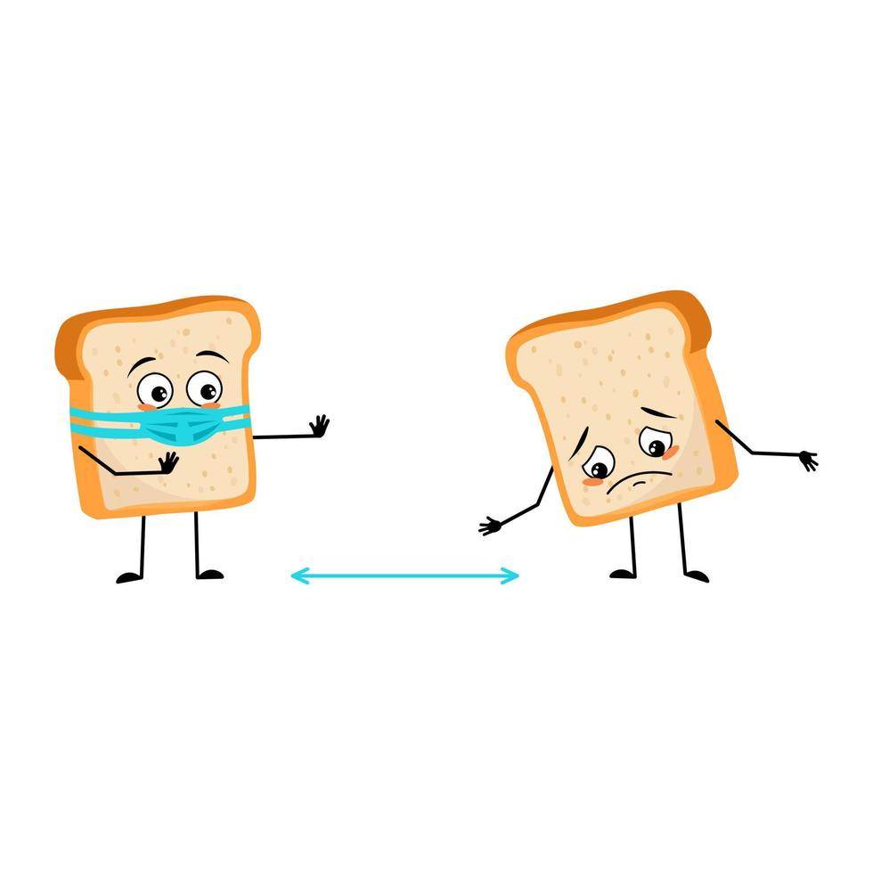 lindo personaje de pan con cara en máscara médica mantener distancia, brazos y piernas. persona para hornear, pastelería casera con expresión de cuidado. ilustración plana vectorial vector