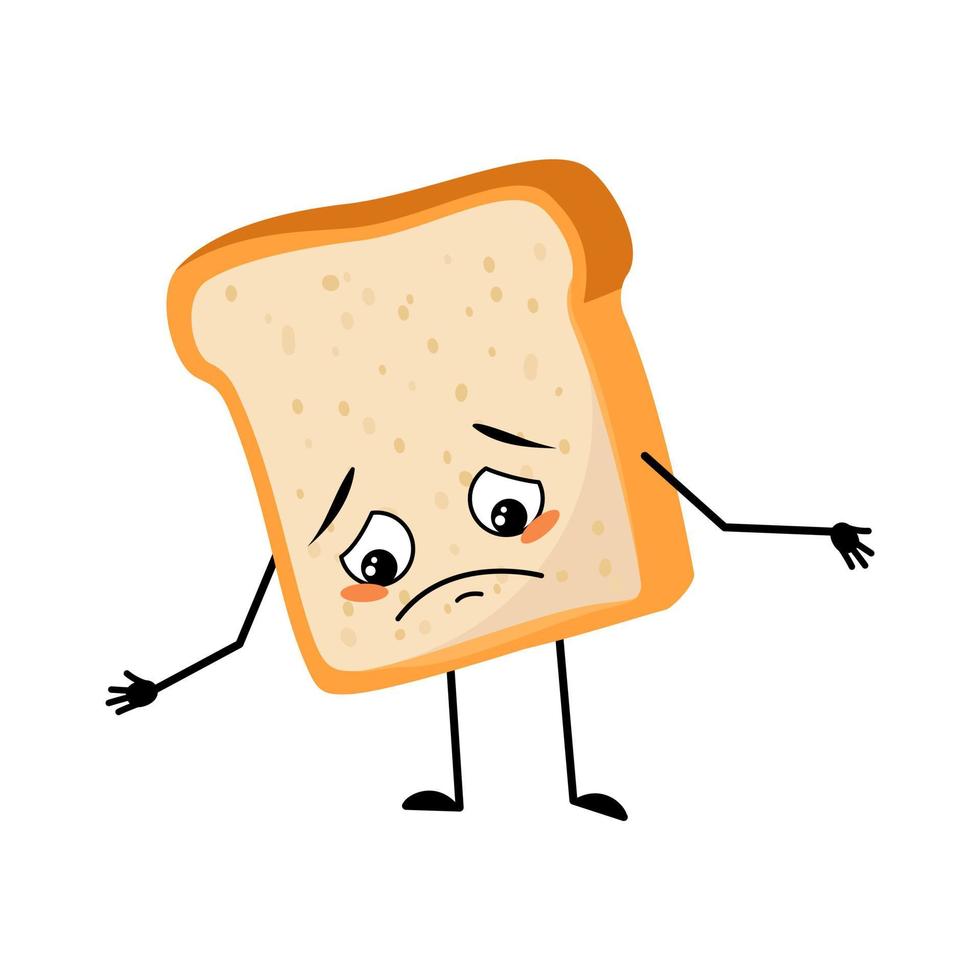 Cute bread character with sad emotions, depressed face, down eyes, arms and legs. Baking person, homemade pastry with melancholy expression. Vector flat illustration