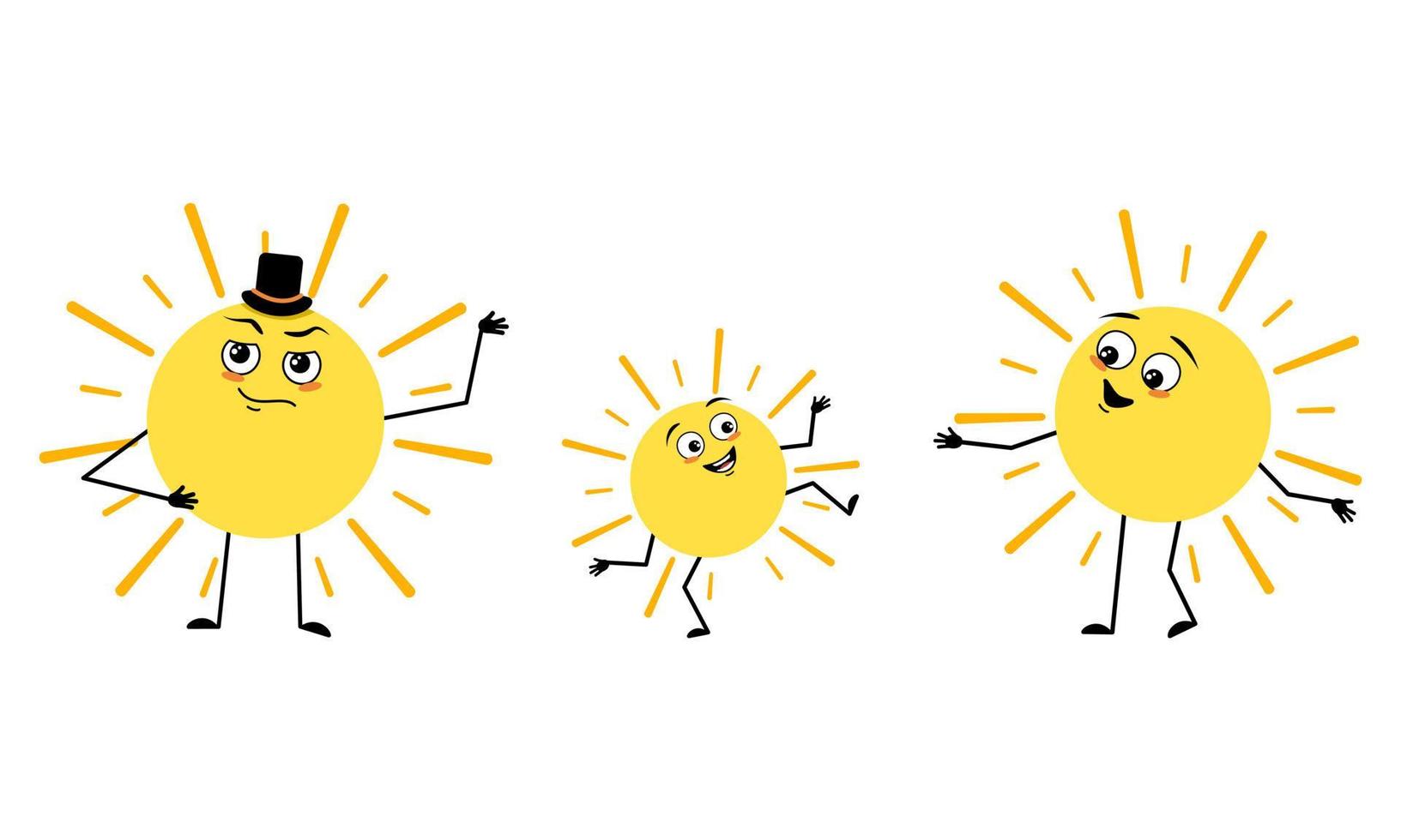 Family of sun character  with happy emotions and poses, smile face, happy eyes, arms and legs. Mom is happy, dad is wearing hat and child with dancing pose. Vector flat illustration