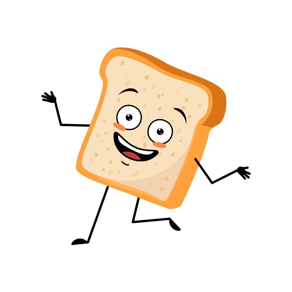 Cute bread character with crazy happy emotion, face, smile eyes, dancing arms and legs. Baking person, homemade pastry with funny expression. Vector flat illustration