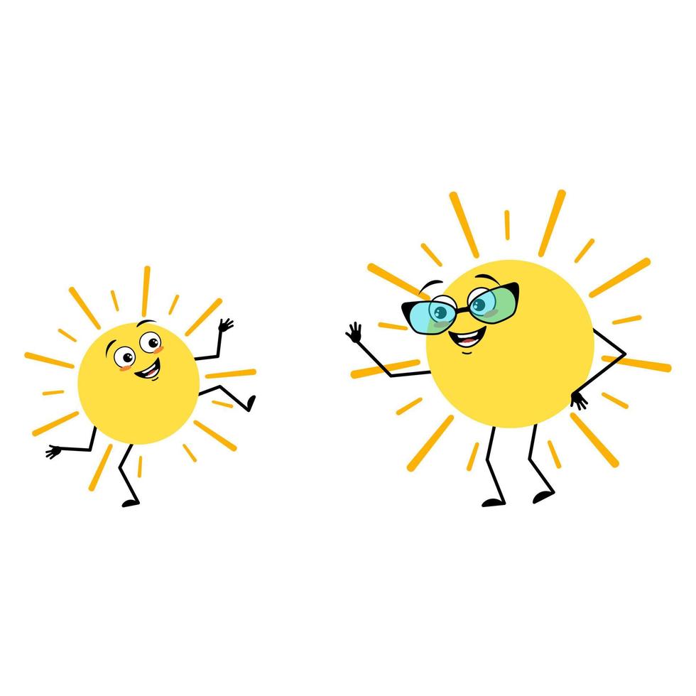 Cute sun character with glasses and grandson dancing character with happy emotion, joyful face, smile eyes, arms and legs. Person with funny expression and pose. Vector flat illustration