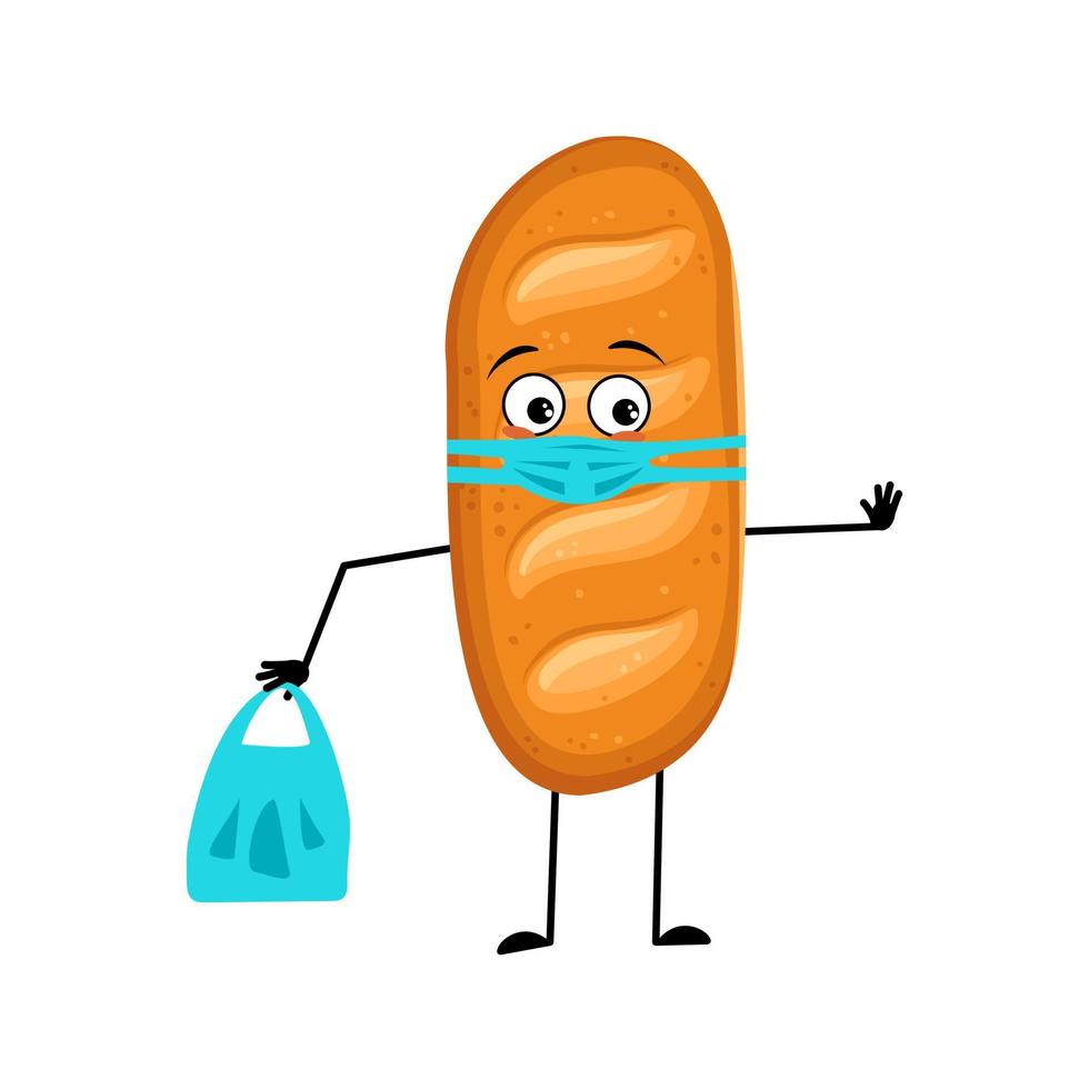 Cute loaf of bread character with face in medical mask and keep distance, hands with shopping bag and stop gesture. Baking person, homemade pastry with care expression. Vector flat illustration
