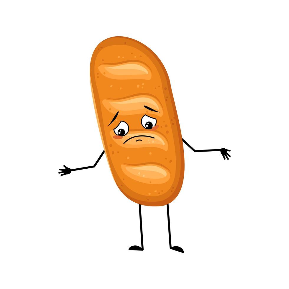 Cute loaf of bread character with sad emotions, depressed face, down eyes, arms and legs. Baking person, homemade pastry with melancholy expression. Vector flat illustration