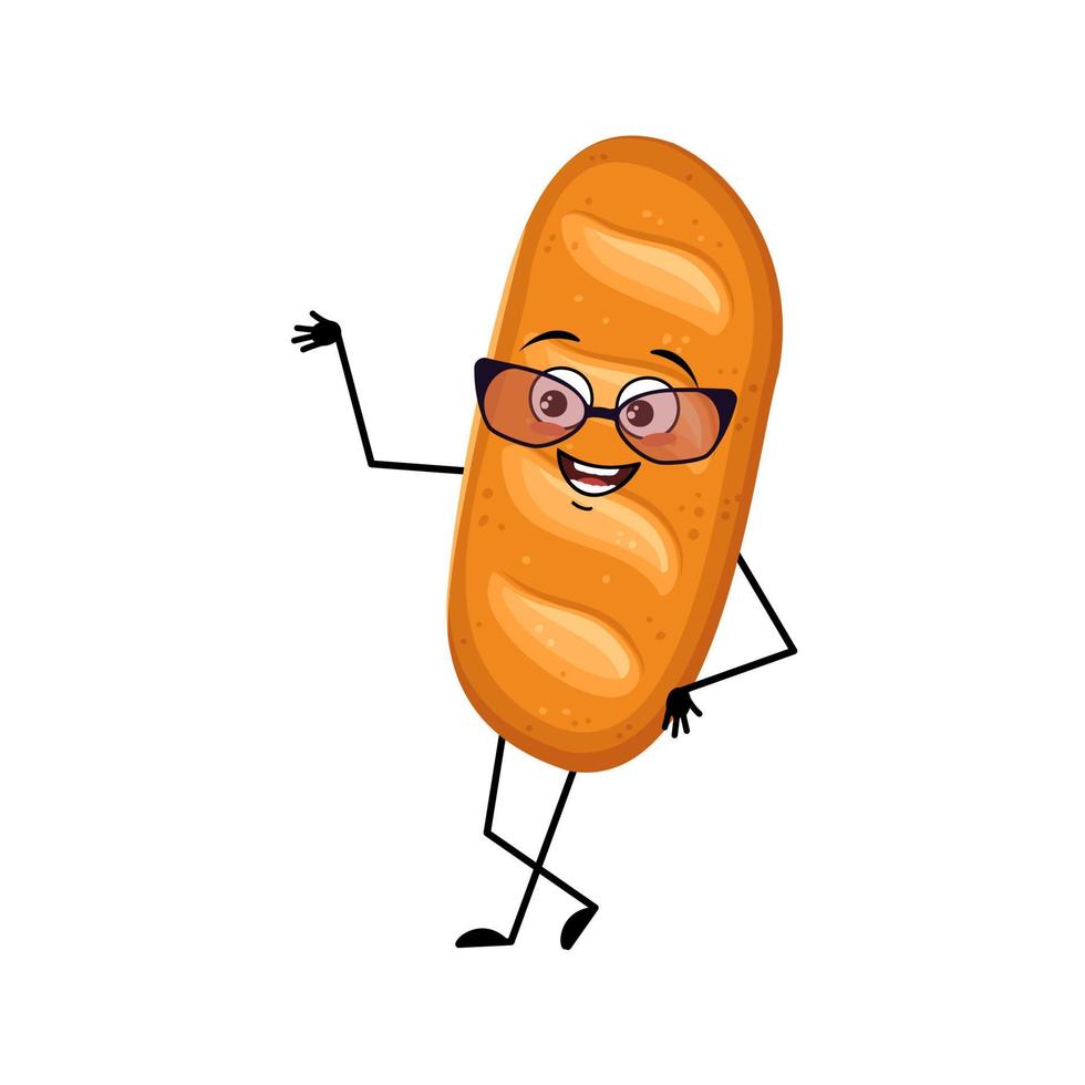 Cute loaf of bread character with glasses and happy emotion, face, smile eyes, arms and legs. Baking person, homemade pastry with funny expression. Vector flat illustration