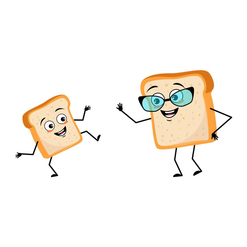 Cute bread character with glasses and grandson dancing character with happy emotion, face, smile eyes, arms and legs. Baking person, homemade pastry with funny expression. Vector flat illustration