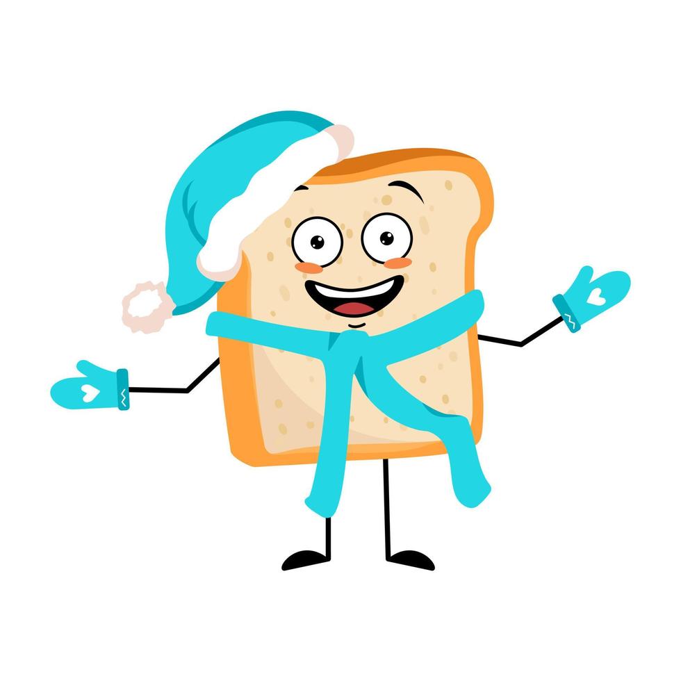 Cute bread character in Santa hat with happy emotion, joyful face, smile eyes, arms and legs. Baking person, homemade pastry with funny expression. Vector flat illustration