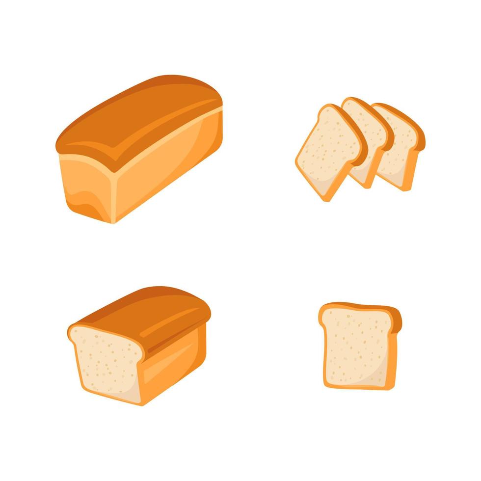 Whole and sliced white bread. Bakery products, pastries, dough food. Vector flat cartoon food