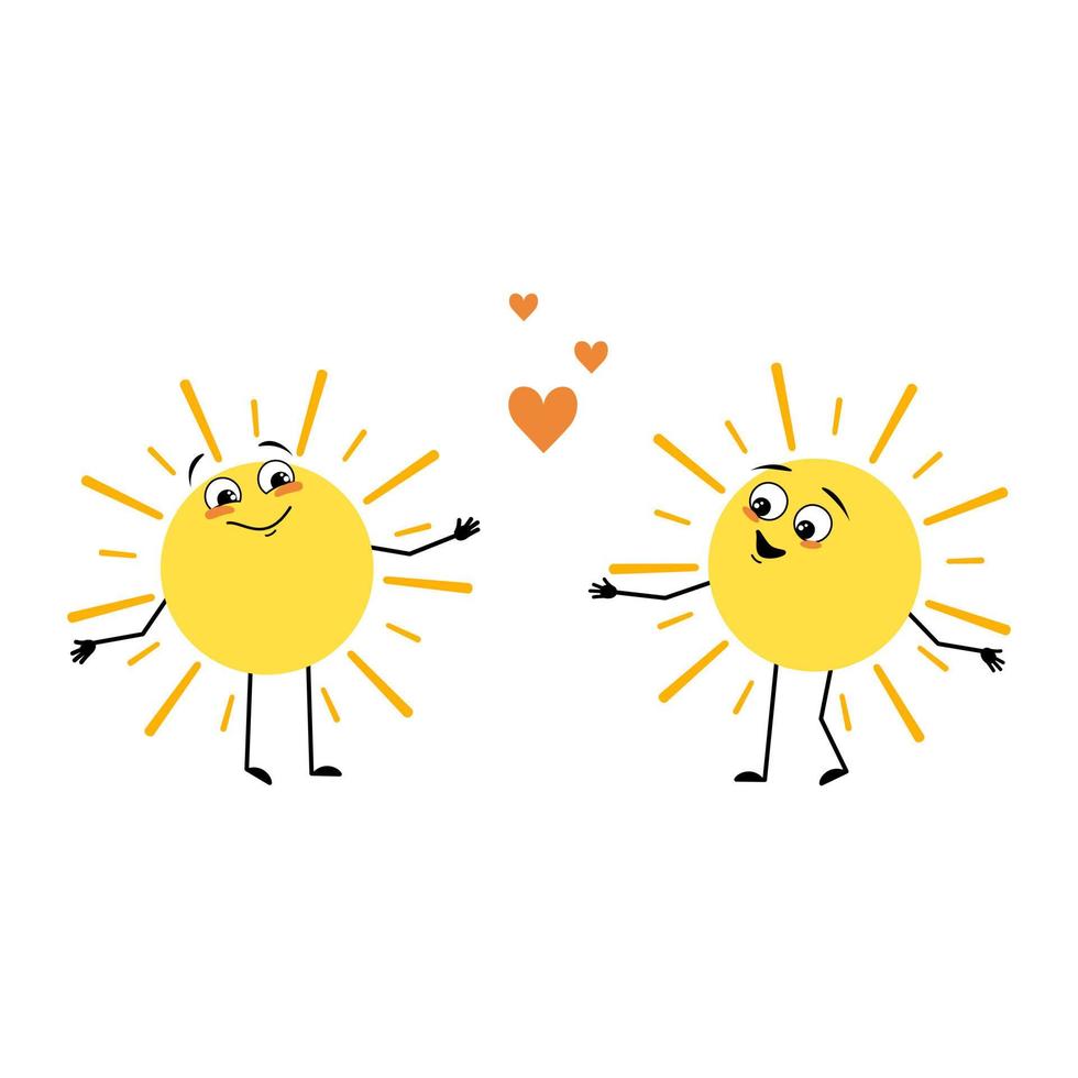 Cute sun character with love emotions, happy face, smile, arms and legs. Person with happy expression and pose. Vector flat illustration