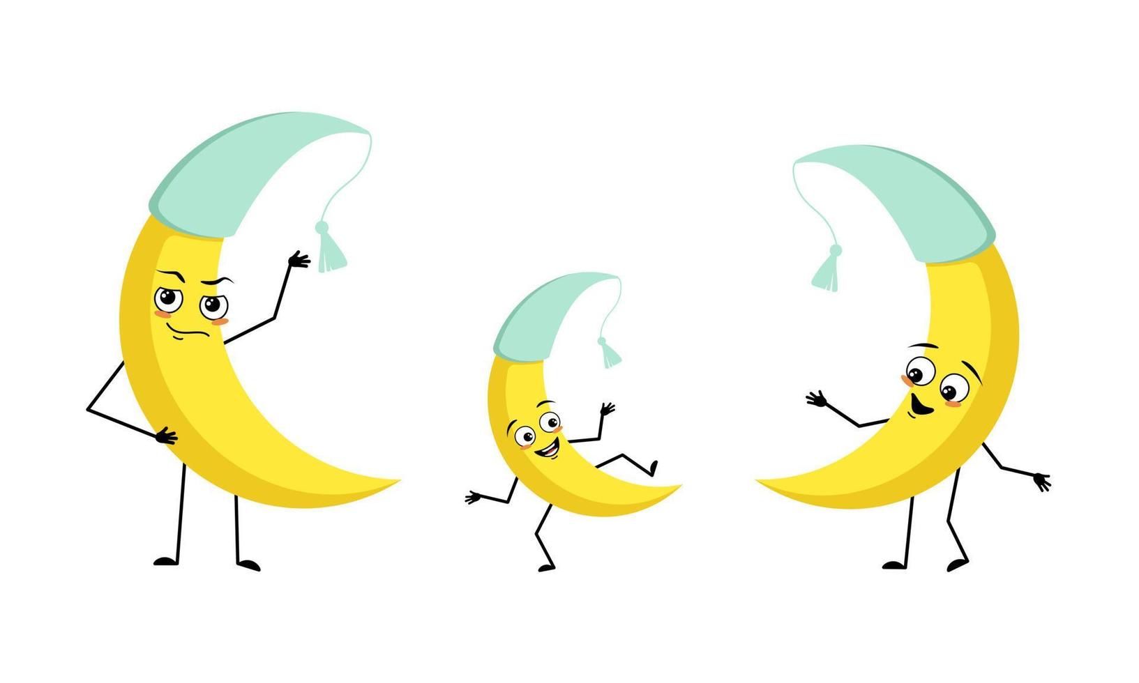 Family of moon character in nightcap with happy emotions and poses, smile face, happy eyes, arms and legs. Mom is happy, dad is wearing hat and child with dancing pose. Vector flat illustration