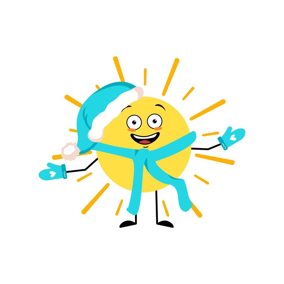 Cute sun character in Santa hat with happy emotion, joyful face, smile eyes, arms and legs. Person with funny expression and pose. Vector flat illustration