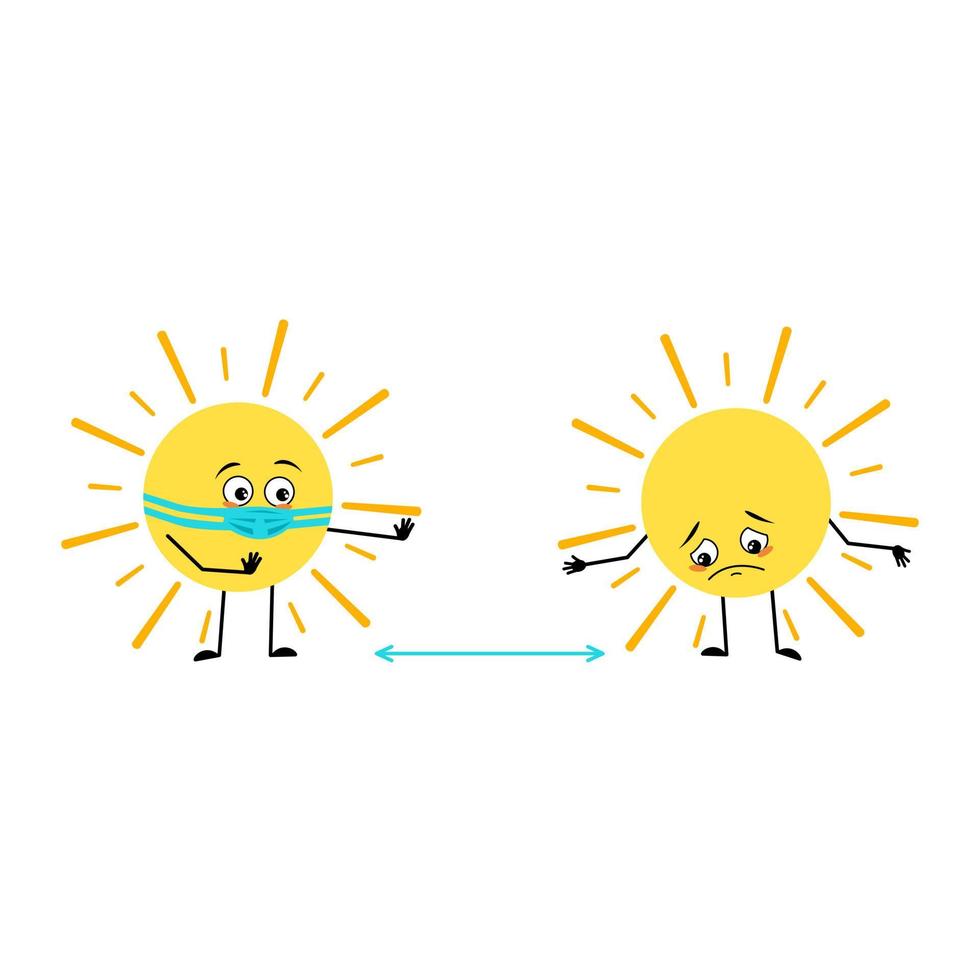 Cute sun character with sad emotions, face and mask keep distance, arms and legs. Person with care expression and pose. Vector flat illustration