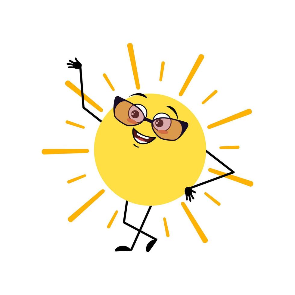 Cute sun character with glasses and happy emotion, face, smile eyes, arms and legs. Person with funny expression and pose. Vector flat illustration